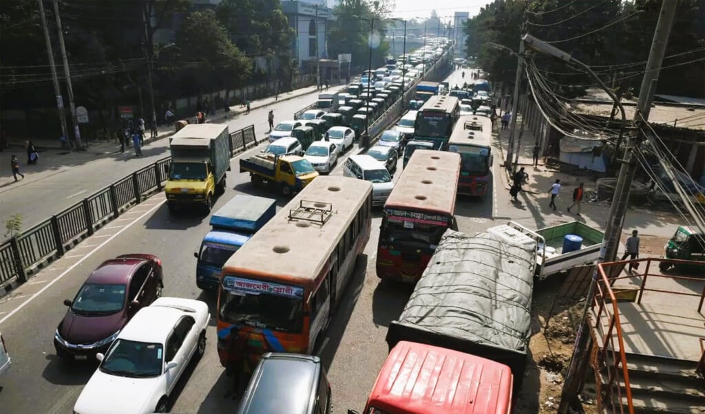 Severe traffic congestion in Banani, Dhaka, following a road blockade by garment workers protesting the death of a colleague in an accident.