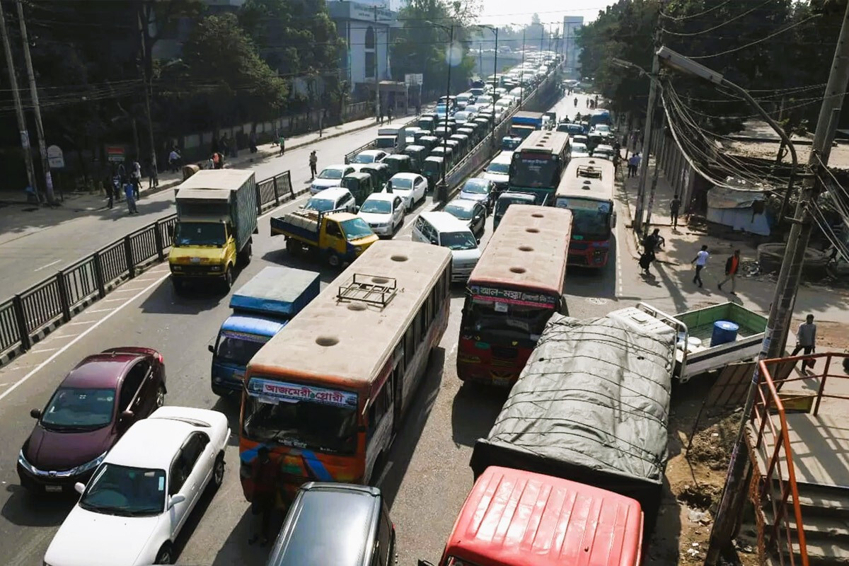 Severe traffic congestion in Banani, Dhaka, following a road blockade by garment workers protesting the death of a colleague in an accident.