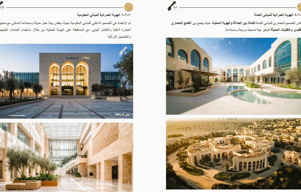 Architectural designs from Egypt’s $53 billion Gaza reconstruction plan, highlighting sustainable and locally inspired government and public buildings.