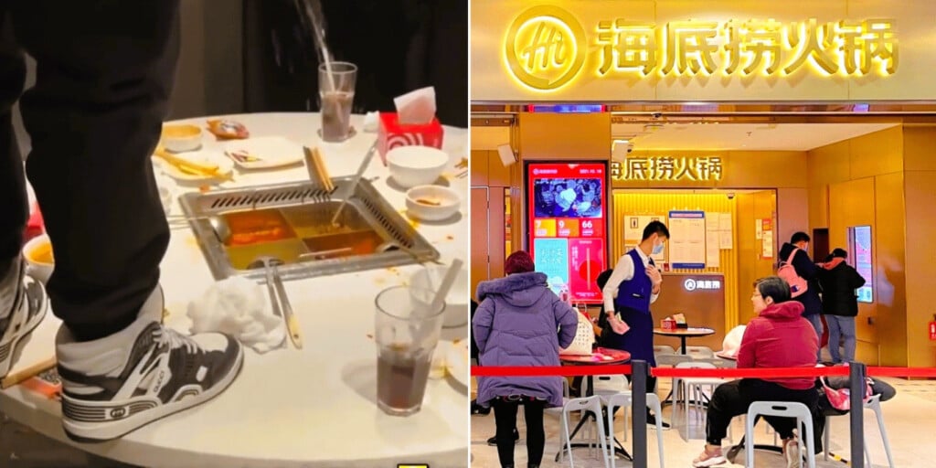 "Viral incident at Haidilao restaurant in Shanghai showing a customer urinating into a hotpot, alongside an exterior view of the restaurant.