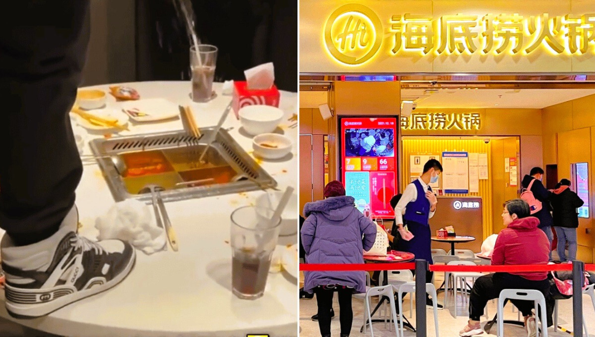 "Viral incident at Haidilao restaurant in Shanghai showing a customer urinating into a hotpot, alongside an exterior view of the restaurant.