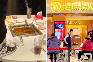 "Viral incident at Haidilao restaurant in Shanghai showing a customer urinating into a hotpot, alongside an exterior view of the restaurant.