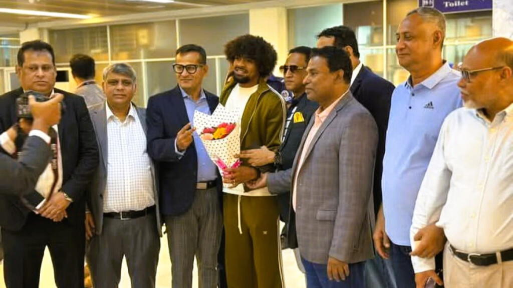 English Premier League footballer Hamza Chowdhury receives a warm welcome from Bangladesh Football Federation officials at Sylhet Osmani International Airport.