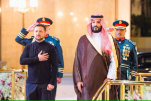 Ukrainian President Volodymyr Zelensky meets Saudi Crown Prince Mohammed bin Salman in Jeddah, Saudi Arabia.