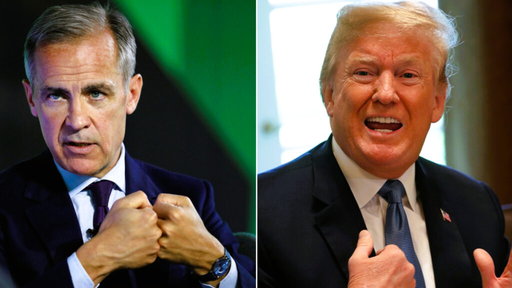 Mark Carney and Donald Trump in a tense political standoff, representing Canada’s upcoming leadership challenge against U.S. trade policies.