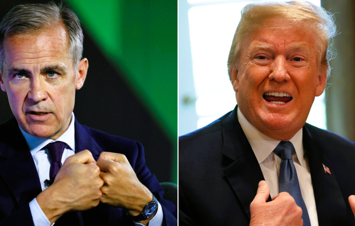 Mark Carney and Donald Trump in a tense political standoff, representing Canada’s upcoming leadership challenge against U.S. trade policies.