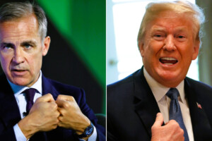 Mark Carney and Donald Trump in a tense political standoff, representing Canada’s upcoming leadership challenge against U.S. trade policies.