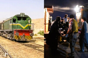 Pakistan train hijacking rescue operation; security forces assisting injured passengers.