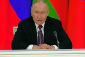 Russian President Vladimir Putin speaks at a press conference, addressing conditions for a Ukraine ceasefire deal.