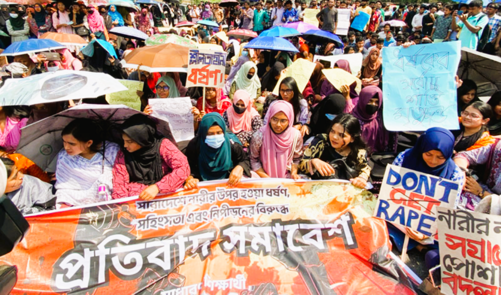 Students and teachers protesting against rape and violence against women in Bangladesh.