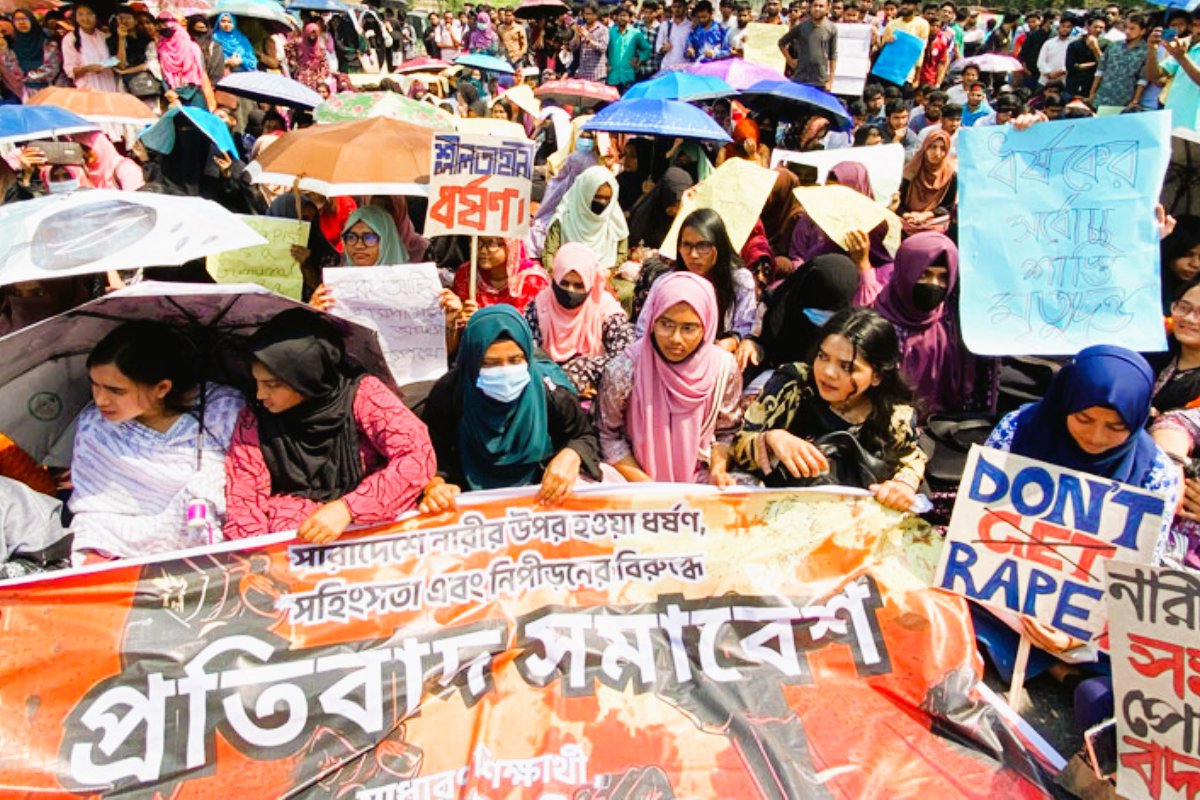 Students and teachers protesting against rape and violence against women in Bangladesh.