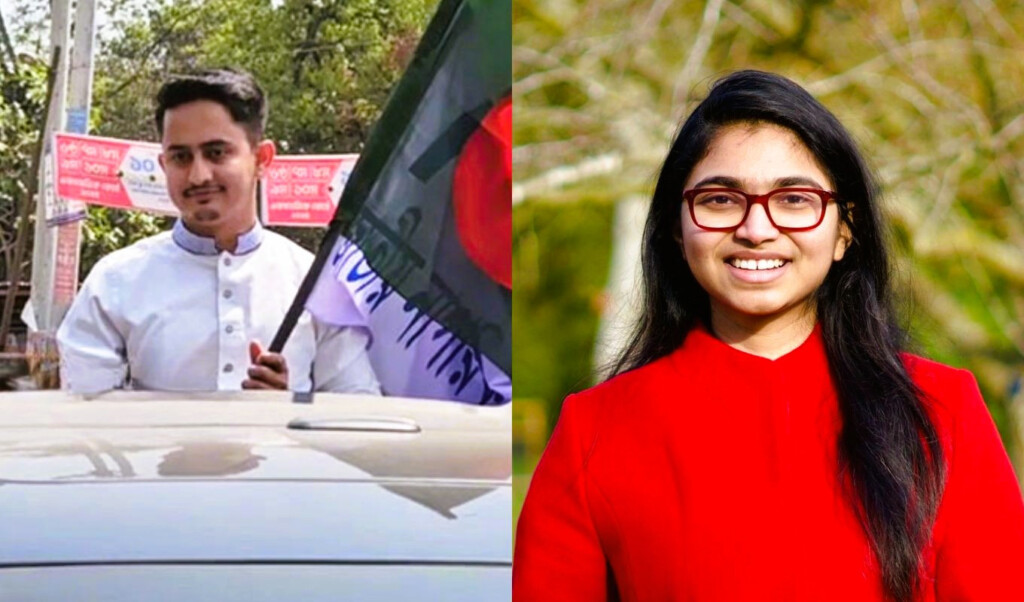 Sarjis Alam holding a flag during a political rally in Panchagarh; Dr Tasnim Jara smiling outdoors in a red outfit.