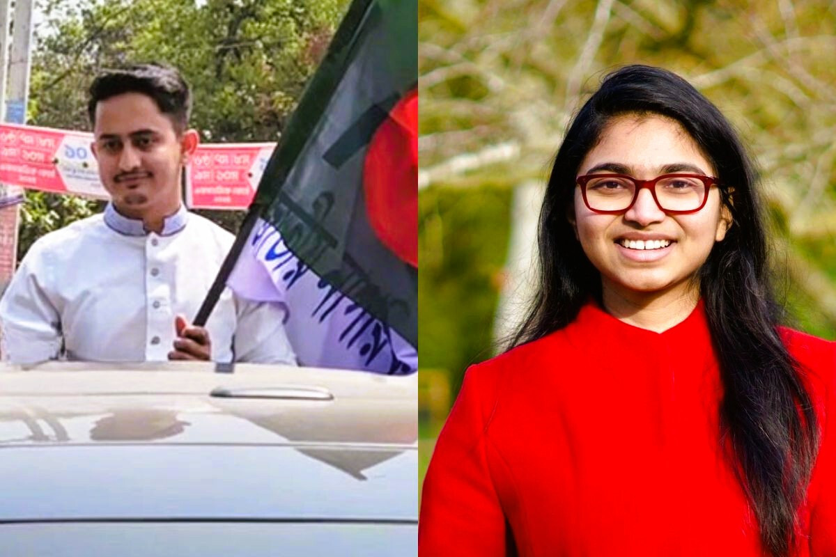 Sarjis Alam holding a flag during a political rally in Panchagarh; Dr Tasnim Jara smiling outdoors in a red outfit.