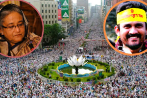 Hefajat-e Islam protest at Shapla Chattar, Dhaka, with inset images of Sheikh Hasina and Imran H Sarker.