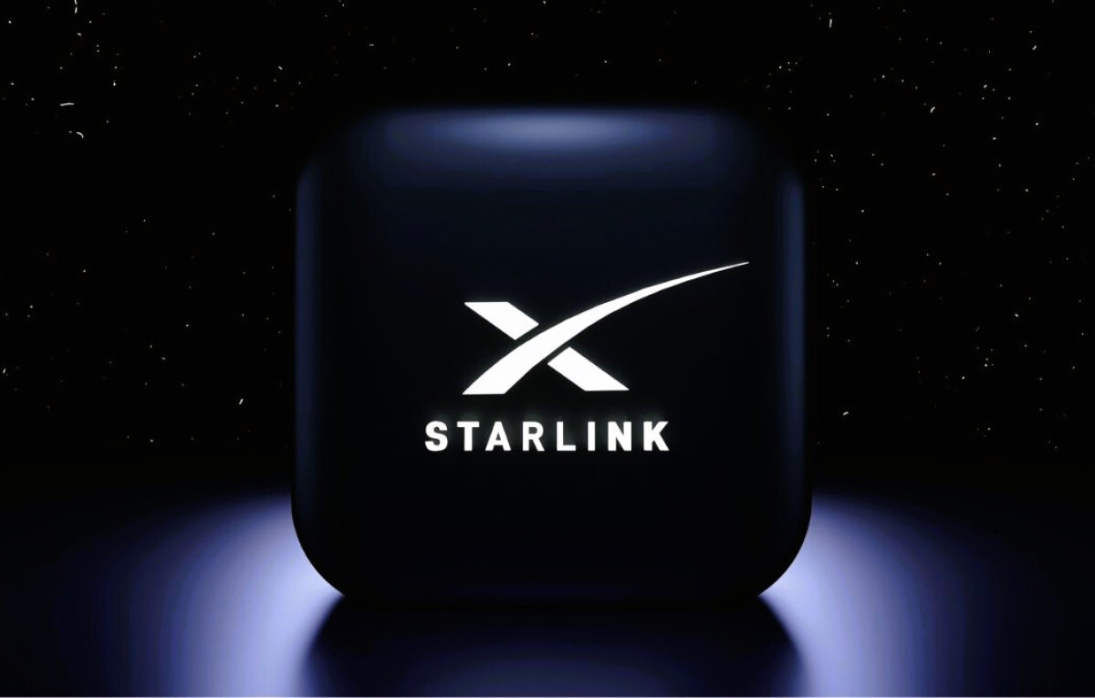 Starlink logo glowing against a dark, starry background, representing SpaceX's satellite internet service.