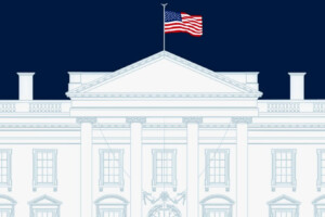 Illustration of the White House with the American flag flying above it.