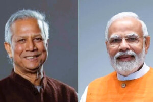 Collage featuring Bangladesh Chief Adviser Prof Muhammad Yunus and Indian Prime Minister Narendra Modi.
