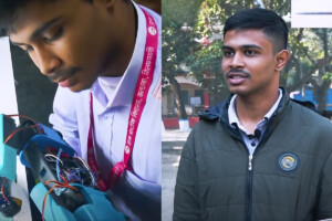 A teenager is building a modern missile while sitting in his village