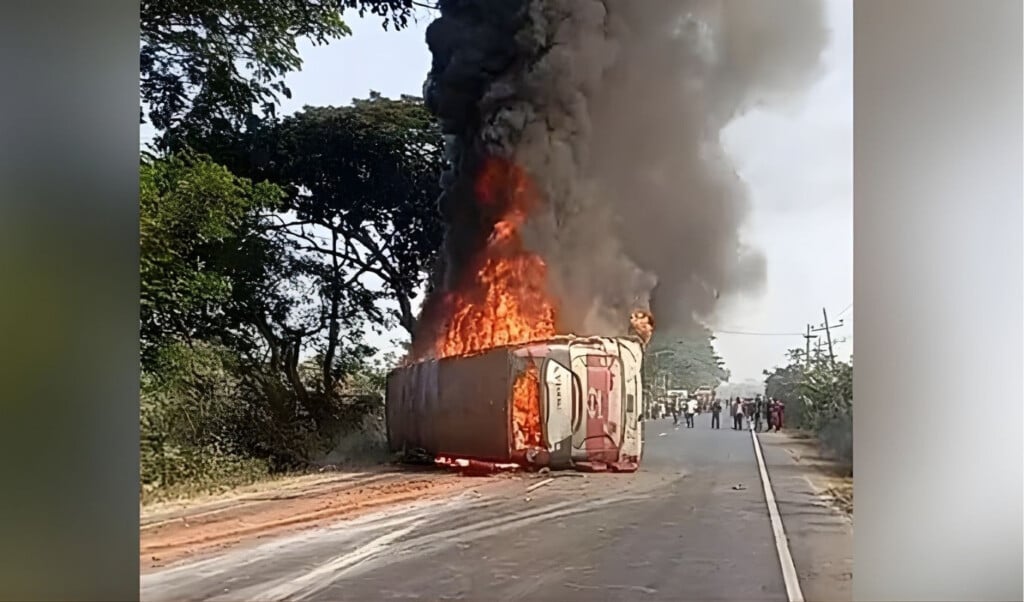 bus catches fire after collision involving three vehicles four dead "Bus catches fire after collision involving three vehicles, four dead."