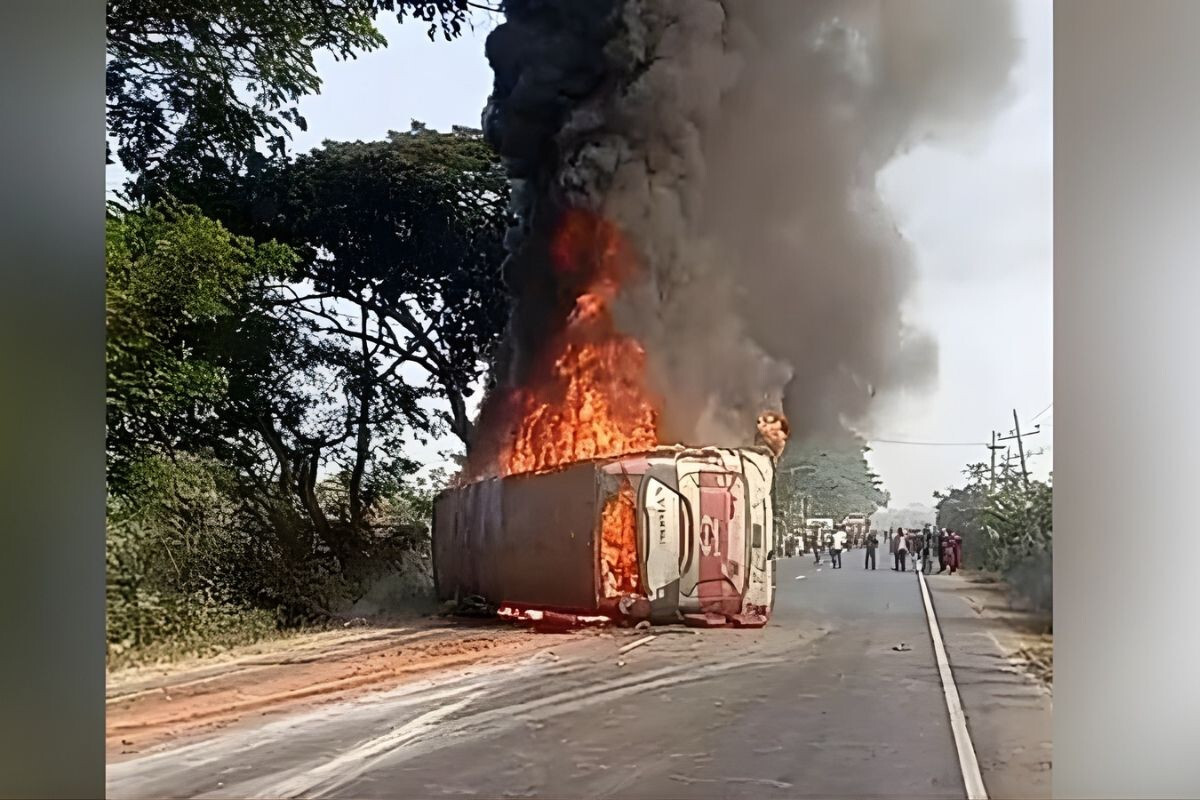 “Bus catches fire after collision involving three vehicles, four dead.”