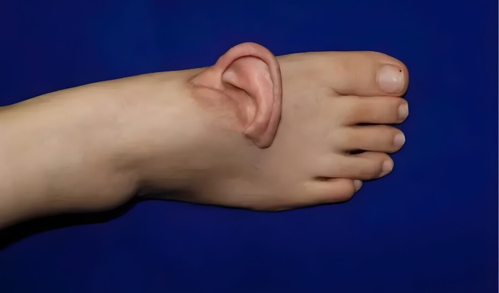 chinese doctors reattached a severed ear which had been preserved on the sole of the foot back onto the head Chinese doctors reattached a severed ear, which had been preserved on the sole of the foot, back onto the head