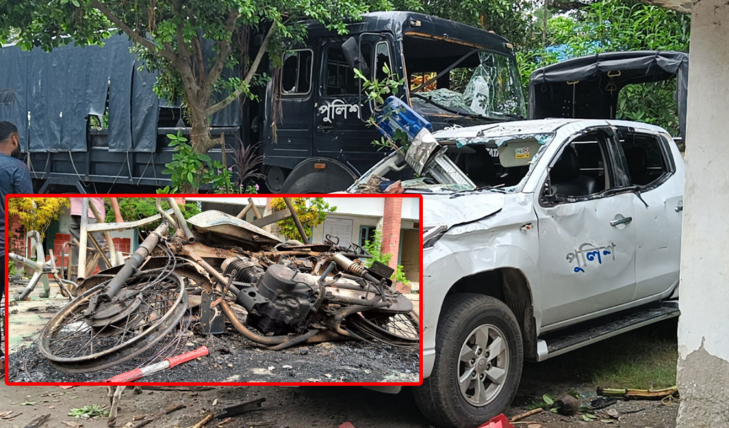 four police vehicles vandalised eleven motorcycles set ablaze in bhanga Four Police Vehicles Vandalised, Eleven Motorcycles Set Ablaze in Bhanga