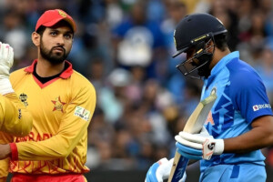 “New world record holder Sikandar Raja, with Rohit and Suryakumar trailing behind.”