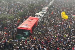 Tarique Rahman is heading to the reception venue by a special bus.