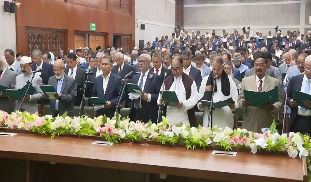 the newly elected bnp members of parliament formally took their oaths The newly elected BNP members of parliament formally took their oaths.