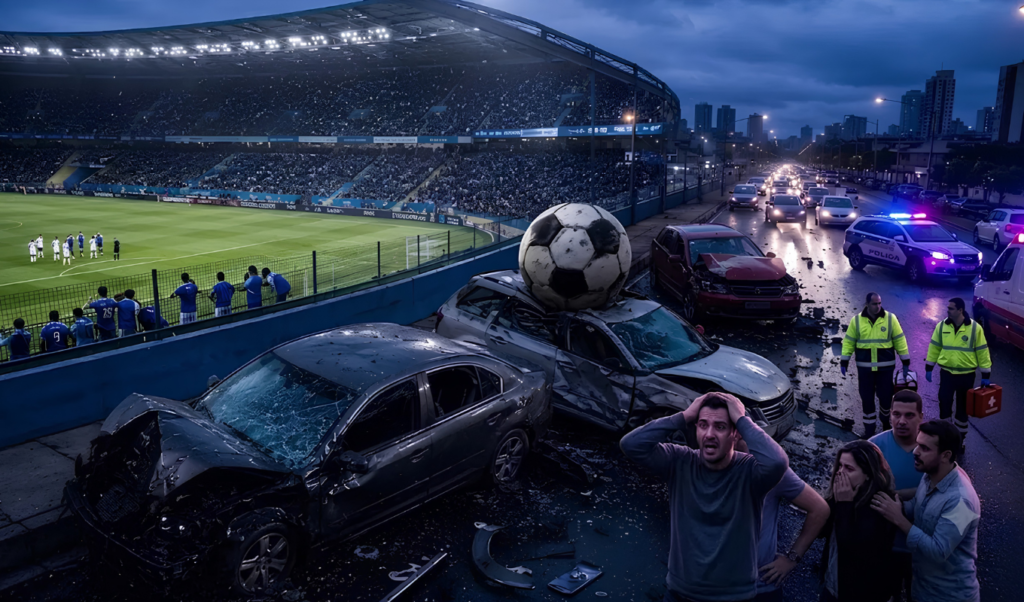 The football went off the pitch and onto the road causing an accident The football went off the pitch and onto the road, causing an accident.