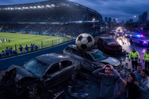 The football went off the pitch and onto the road, causing an accident.